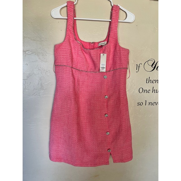 Francesca's Pink Tweed Rhinestone Trim Mini Dress Crystal Button Barbiecore M - Picture 2 of 10